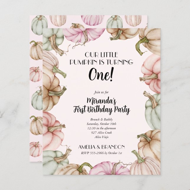 Papier Invitations d'anniversaire de fille Citrouille ros (Devant / Derrière)