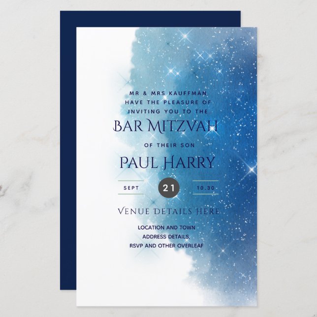Papier Invitations de Bat mitzvah Starry Night Blue Bar (Devant / Derrière)