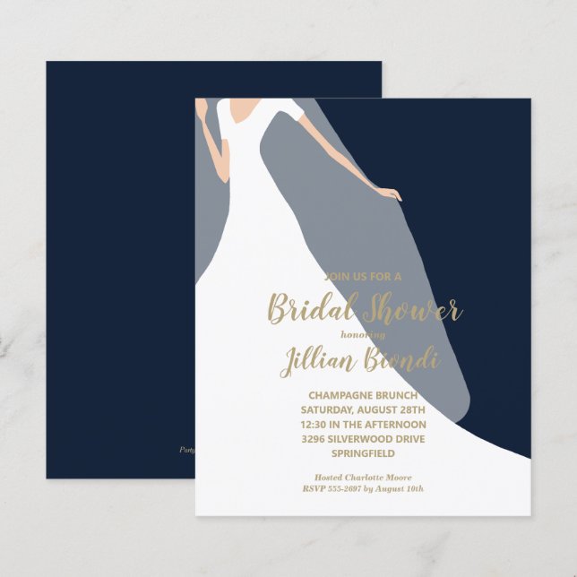 Papier Invitations de douche nuptiale bleu marine Robe et (Devant / Derrière)