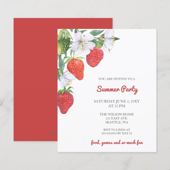 Papier Invitations de la fête d'été des fraises budgétair (Devant / Derrière)
