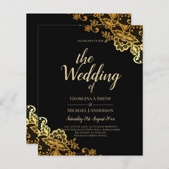 Papier Invitations de Mariage Black Gold Lace (Devant / Derrière)