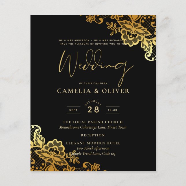 Papier Invitations de Mariage Black Gold Lace (Devant)