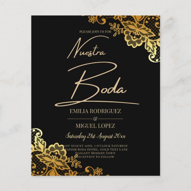 Papier Invitations de Mariage Black Gold Lace (Devant)