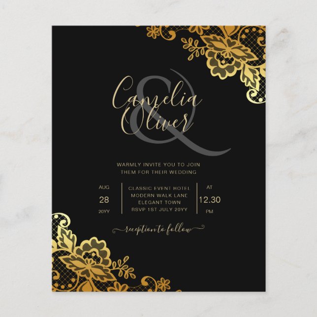 Papier Invitations de Mariage Black Gold Lace (Devant)