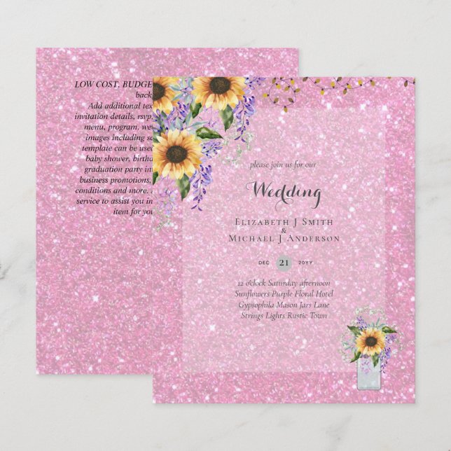 Papier INVITATIONS DE MARIAGE BUDGÉTAIRE - Tournesols rus (Devant / Derrière)