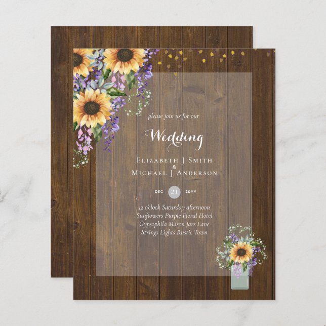 Papier INVITATIONS DE MARIAGE BUDGÉTAIRE - Tournesols rus (Devant / Derrière)