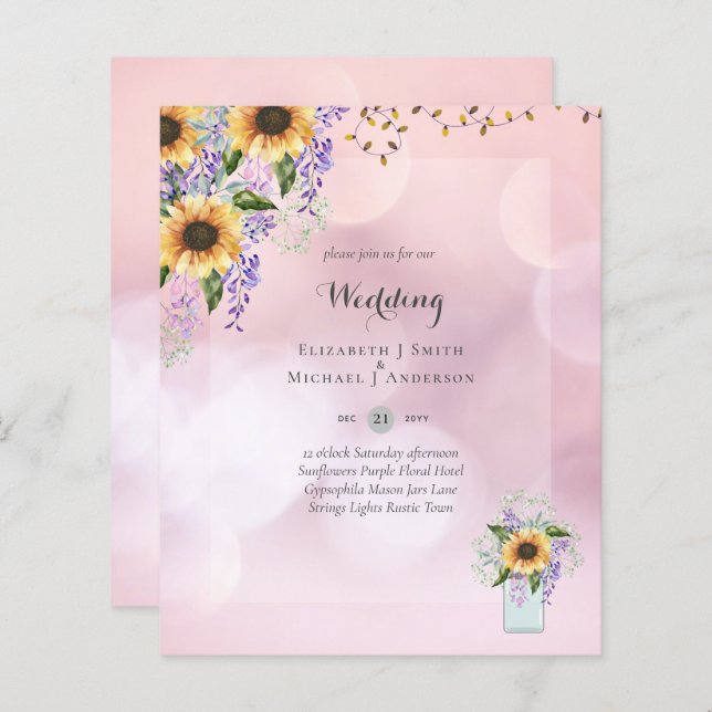 Papier INVITATIONS DE MARIAGE BUDGÉTAIRE - Tournesols rus (Devant / Derrière)