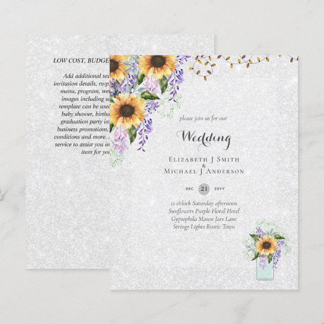 Papier INVITATIONS DE MARIAGE BUDGÉTAIRE - Tournesols rus (Devant / Derrière)