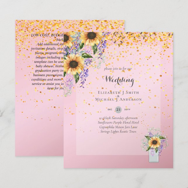 Papier INVITATIONS DE MARIAGE BUDGÉTAIRE - Tournesols rus (Devant / Derrière)