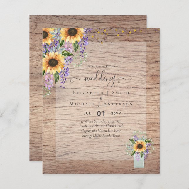 Papier INVITATIONS DE MARIAGE BUDGÉTAIRE Tournesols rusti (Devant / Derrière)