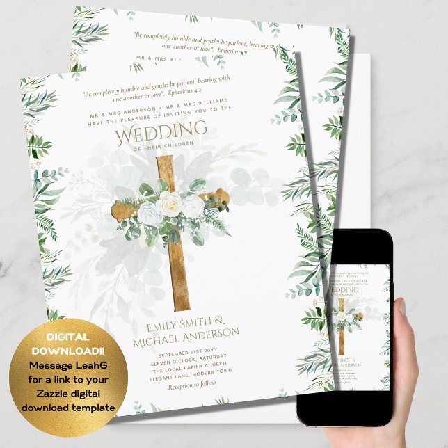 Papier Invitations de mariage catholiques Croix de Roses  (Créateur téléchargé)