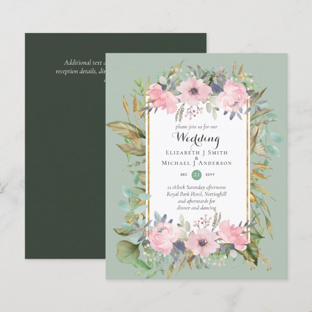 Papier Invitations de mariage floral rose rose BUDGET (Devant / Derrière)