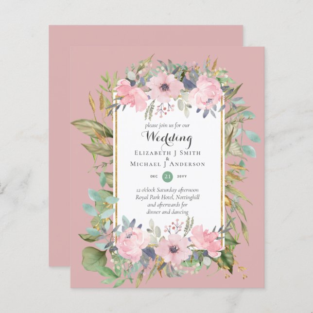 Papier Invitations de mariage floral rose rose BUDGET (Devant / Derrière)