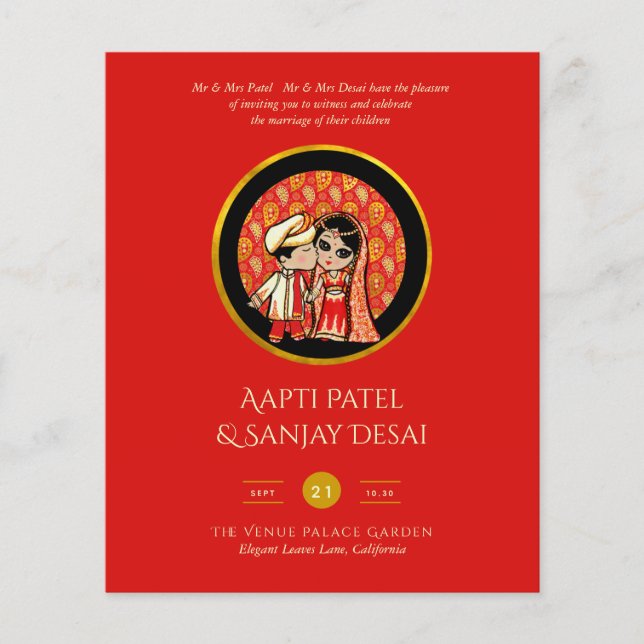 Papier Invitations de mariage hindou Red Gold Cartoon Cou (Devant)