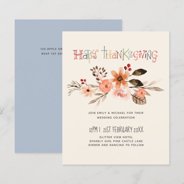 Papier Invitations de mariage Thanksgiving Dusty Blue Ora (Devant / Derrière)
