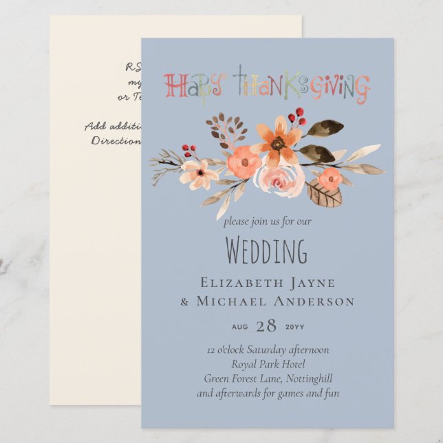 Papier Invitations de mariage Thanksgiving Dusty Blue Ora (Devant / Derrière)