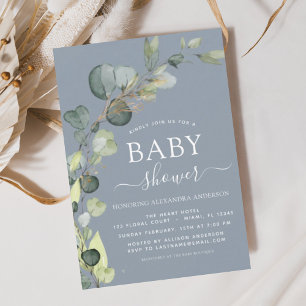 Papier Invitations d'Eucalyptus Baby shower bleu poussiér