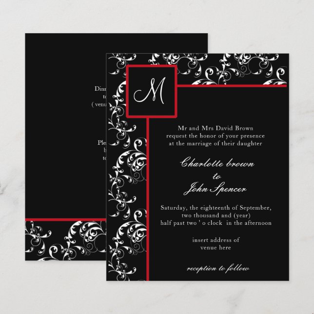 Papier Invitations Red Black Mariage damassé (Devant / Derrière)