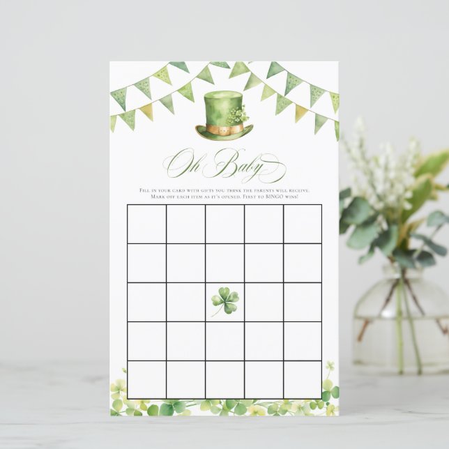 Papier Irish Baby Shower Bingo Green Shamrock Card (Debout devant)
