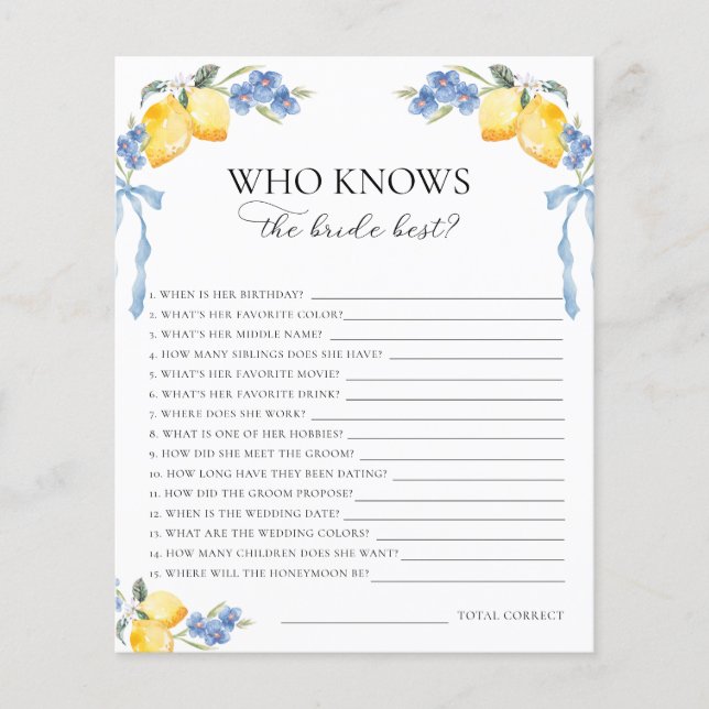 Papier Italian Lemons Bows Who Knows the Bride Best Game (Devant)