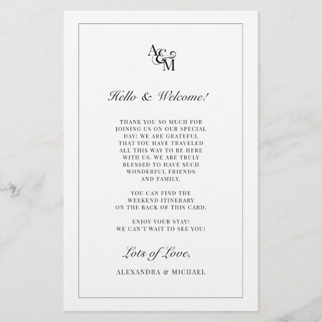 Papier Itinéraire de bienvenue du Mariage noir Monogramme (Devant)