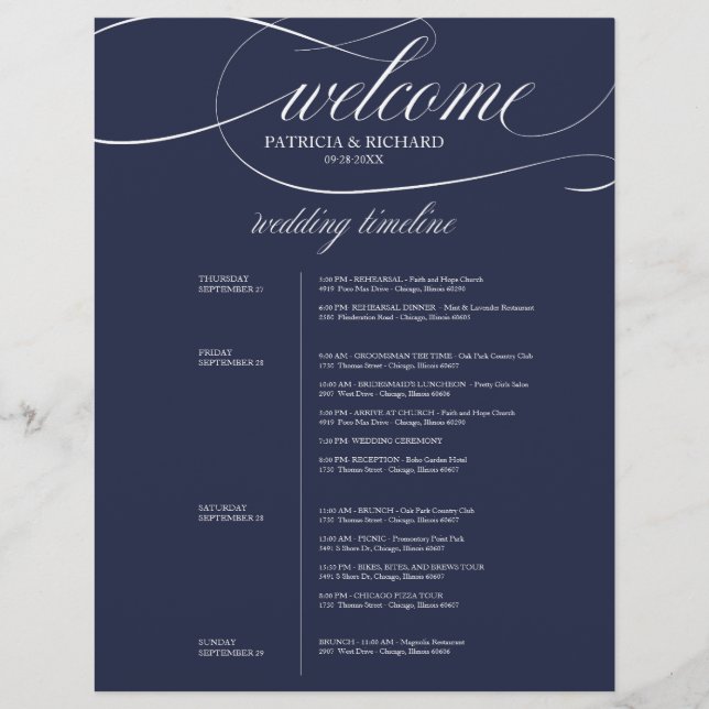 Papier Itinéraire Mariage de 4 jours Chic Navy (Devant)