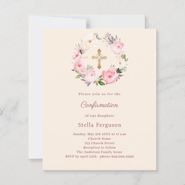 Papier Ivory blush florals cross Confirmation invitation (Devant)