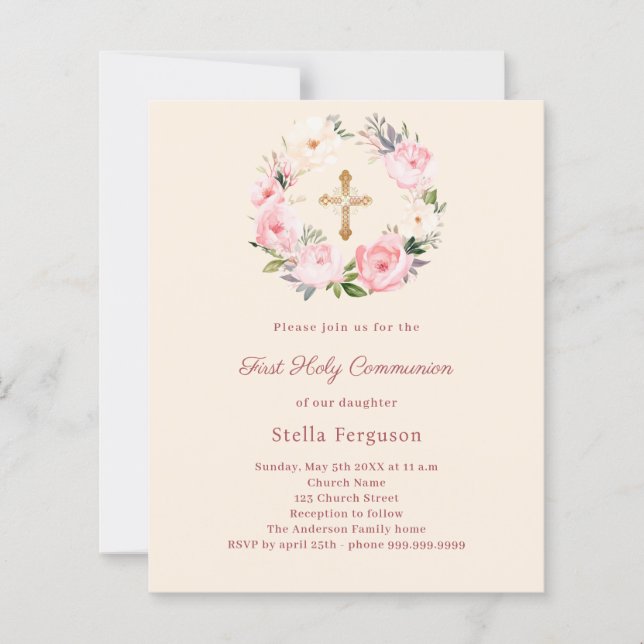 Papier Ivory blush florals First Communion invitation (Devant)