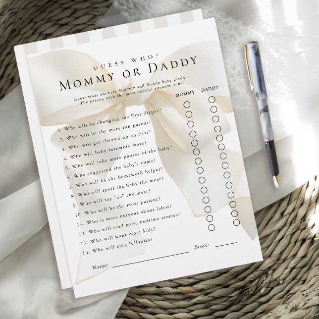 Papier Ivory Bow Baby Shower Game Guess Who (Créateur téléchargé)