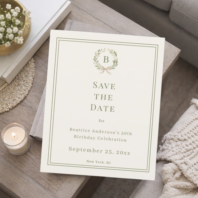 Papier Ivory green monogram wreath birthday Save the Date (Créateur téléchargé)