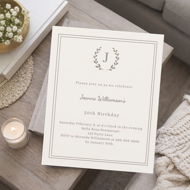 Papier Ivory taupe monogram wreath birthday invitation (Créateur téléchargé)