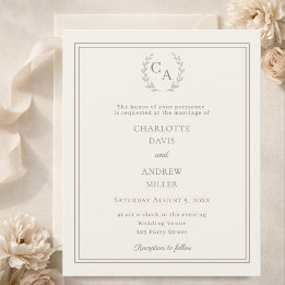 Papier Ivory taupe wreath monogram wedding invitation