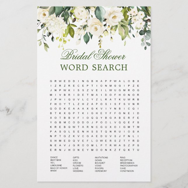 Papier Ivory White Floral Word Recherche Fête des mariées (Devant)