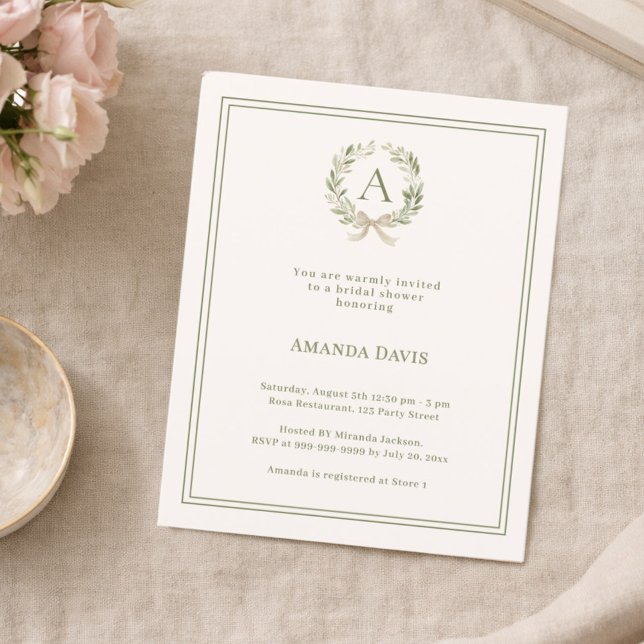 Papier Ivory wreath monogrammed Bridal Shower invitation (Créateur téléchargé)