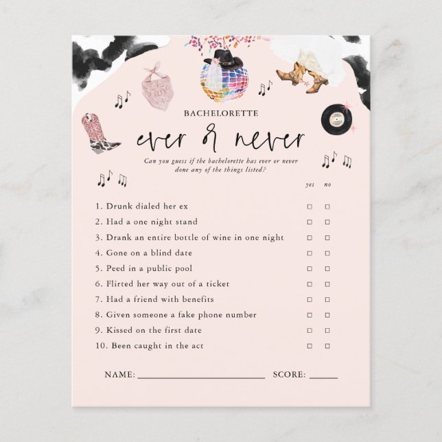 Papier Jamais ou jamais | Disco Cowgirl Jeu de Bacheloret (Devant)