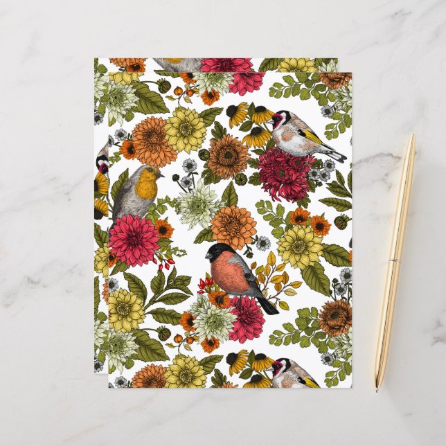 Papier Jardin d'oiseaux et de fleurs 1 (Devant/Arrière en situation)