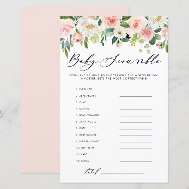 Papier Jardin Fleurs Word Scramble Baby shower Jeu (Devant / Derrière)