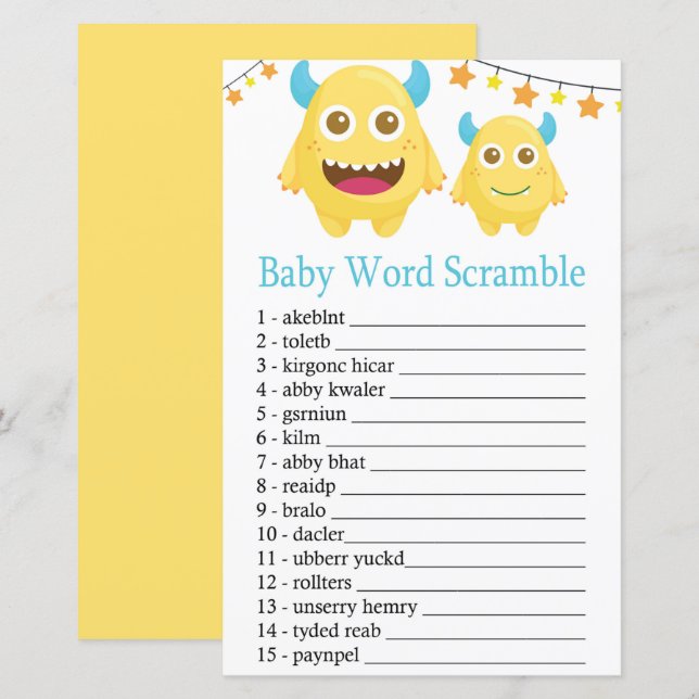 Papier Jaune Monster Baby jeu de mots scramble (Devant / Derrière)