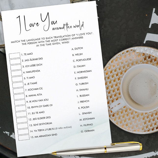 Papier Je T'Aime Traduction Jeu Soft Green Wash (15 different ways to say "I love you" for your guests to try and match with the right language.)