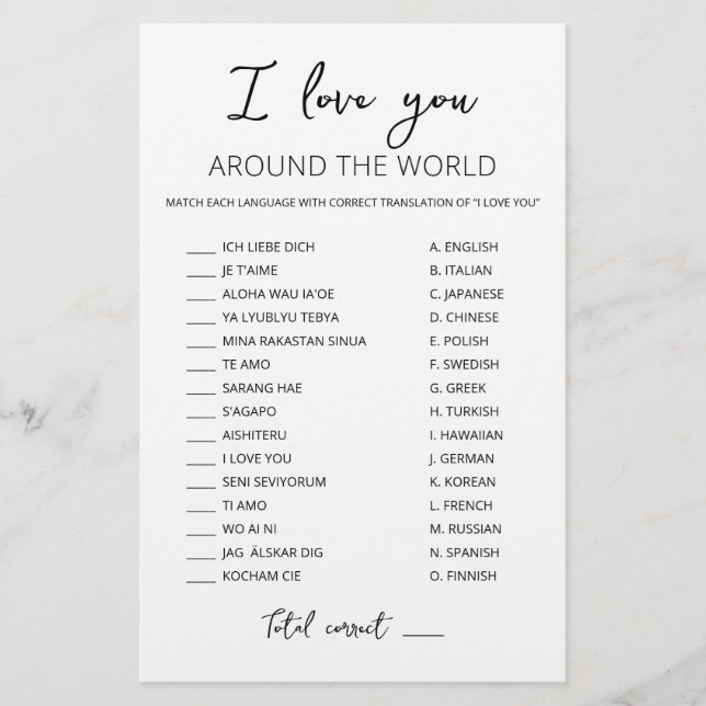 Papier Je vous aime partout dans le monde jeu avec Répons (Devant)