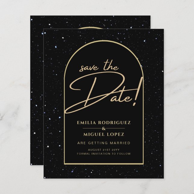 Papier JET BLACK OR étoile Mariage de nuit SAVE DATE (Devant / Derrière)
