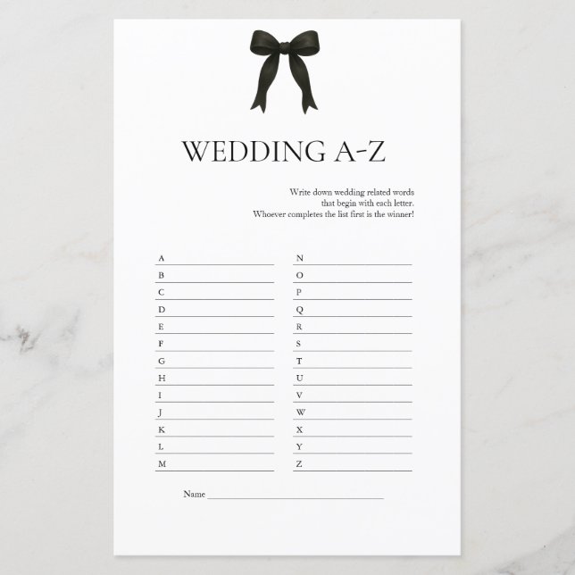Papier Jeu A-Z Mariage Black Bow | Fête des mariées moder (Devant)