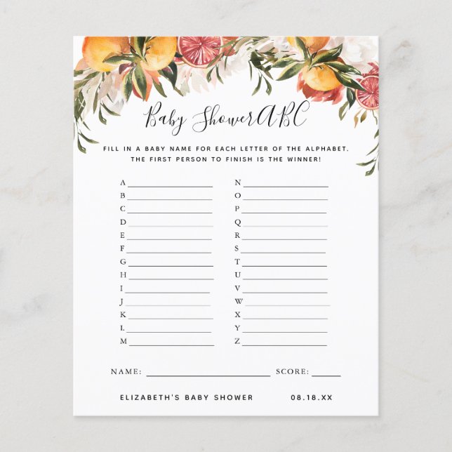 Papier Jeu ABC | Jeu de Baby shower floral (Devant)