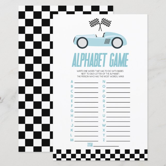Papier Jeu Baby shower Alphabet Voiture Blue Race (Devant / Derrière)
