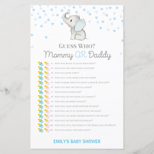 Papier Jeu Baby shower bleu éléphant garçon IMPRIMÉ (Devant)