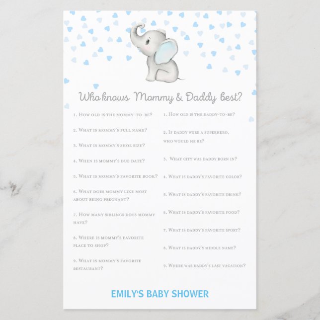 Papier Jeu Baby shower bleu éléphant garçon IMPRIMÉ (Devant)