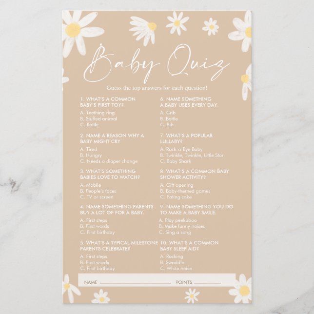 Papier Jeu Baby shower Quiz, Jeu Baby shower Daisy (Devant)