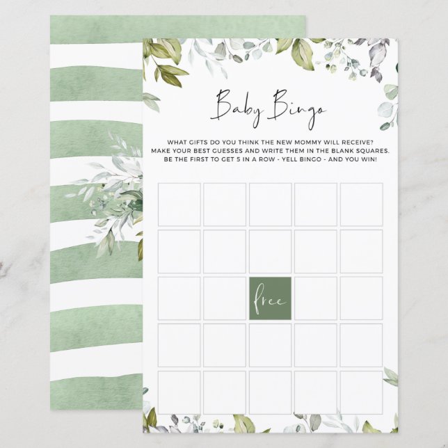 Papier Jeu Baby shower verdoyant - Baby BINGO (Devant / Derrière)