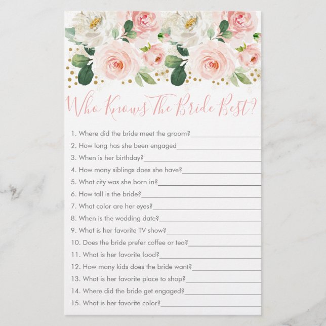 Papier Jeu Blush Gold Floral Qui Connaît le mieux la mari (Devant)