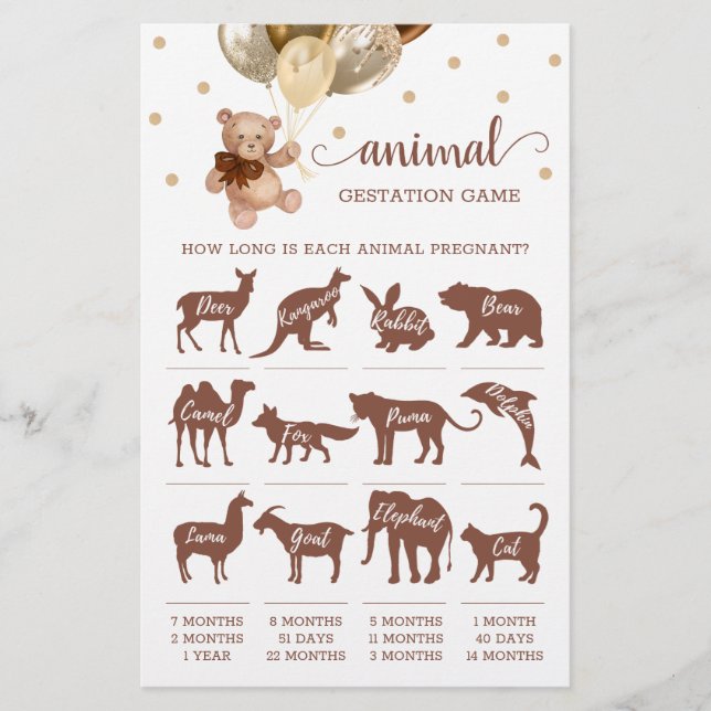 Papier Jeu Brown Et Gold Teddy Bear Animal Gestation (Devant)
